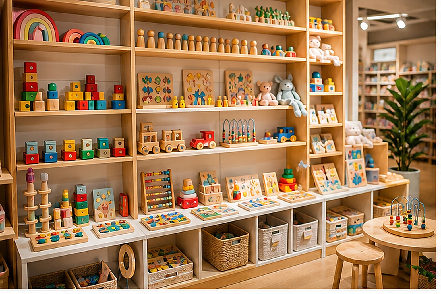 Toy wall with blocks puzzles and bright but tidy family-store styling