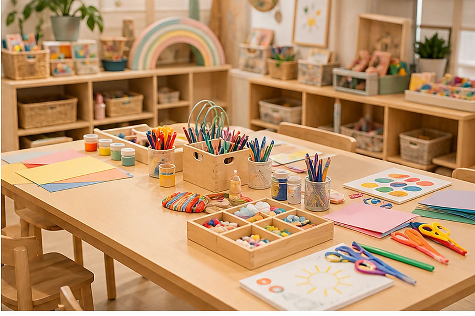 Craft table with markers paper and creative play materials