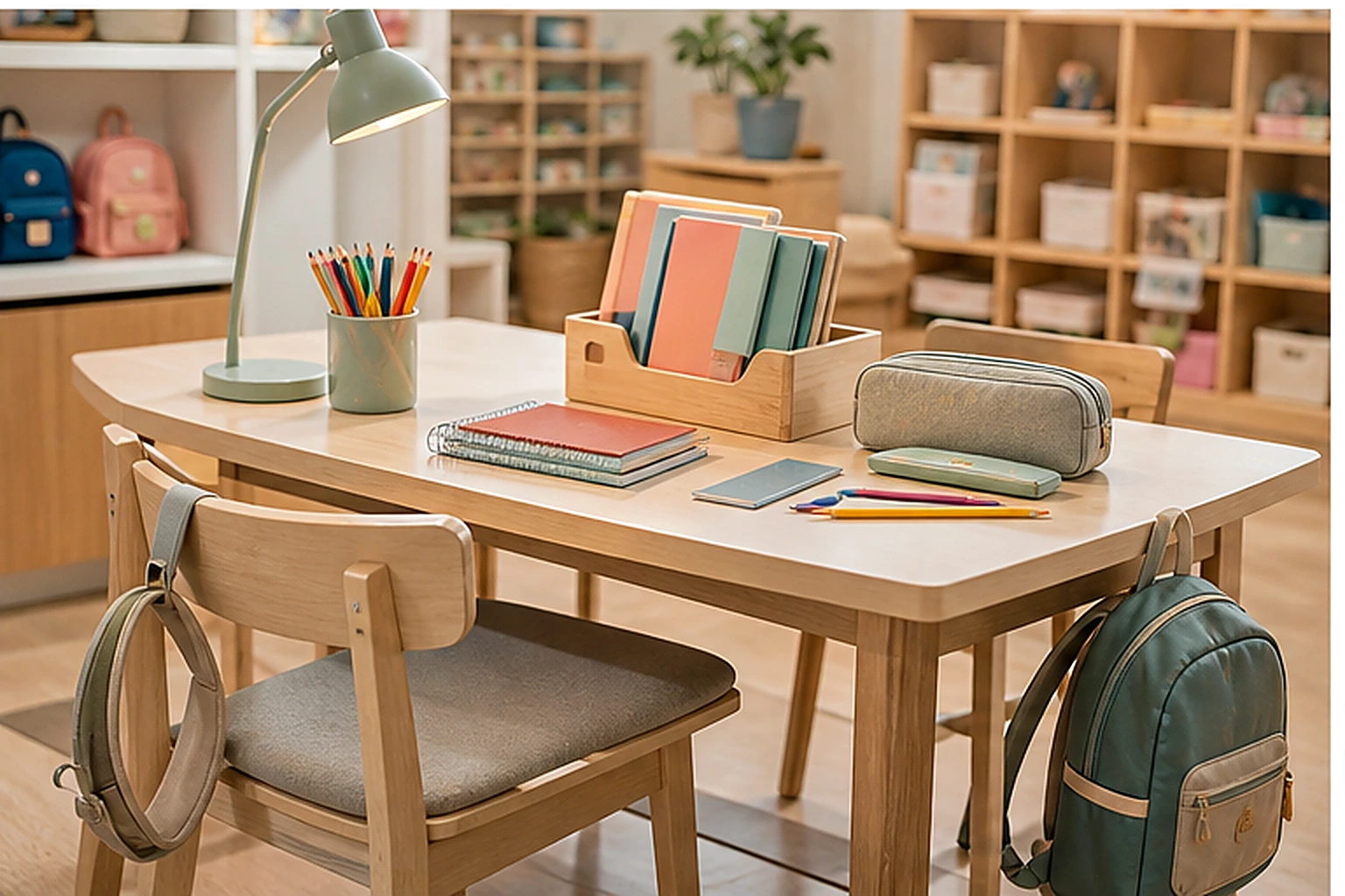 School desk setup with notebooks pencils and backpack essentials
