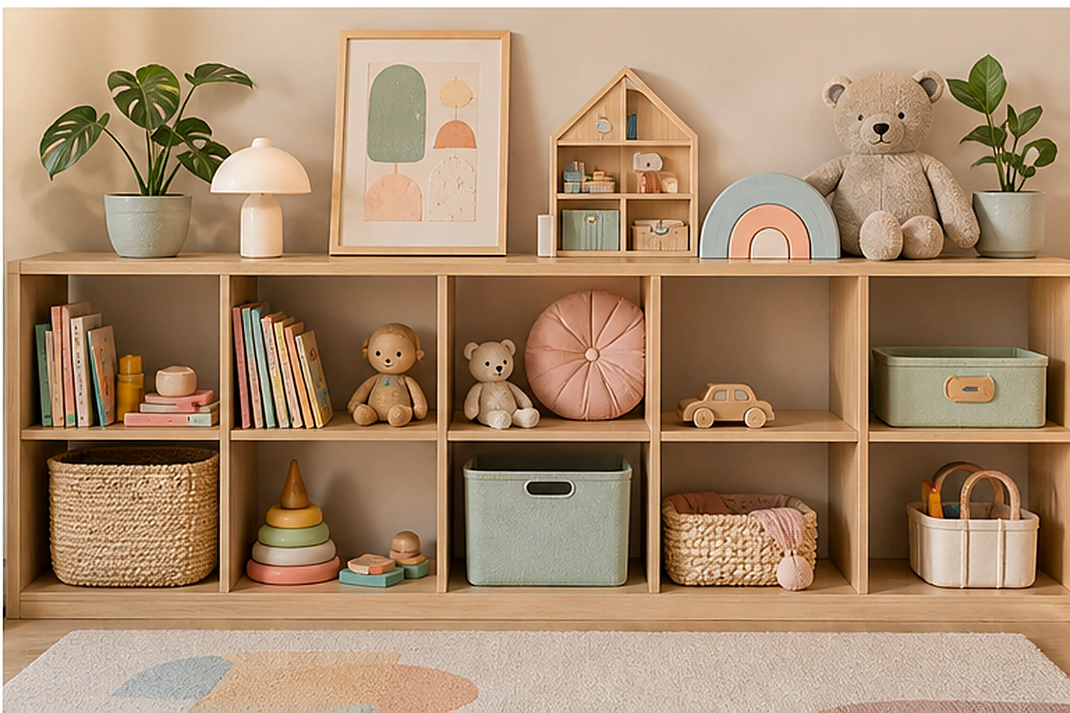 Kids room shelf with books toys and calm pastel decor accents