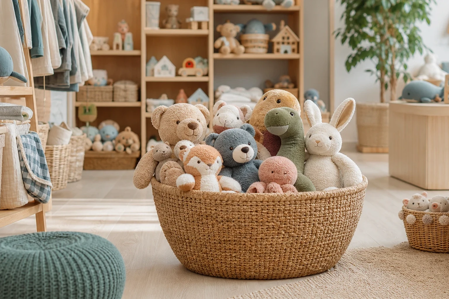 Basket of plush toys arranged in a bright but composed store scene