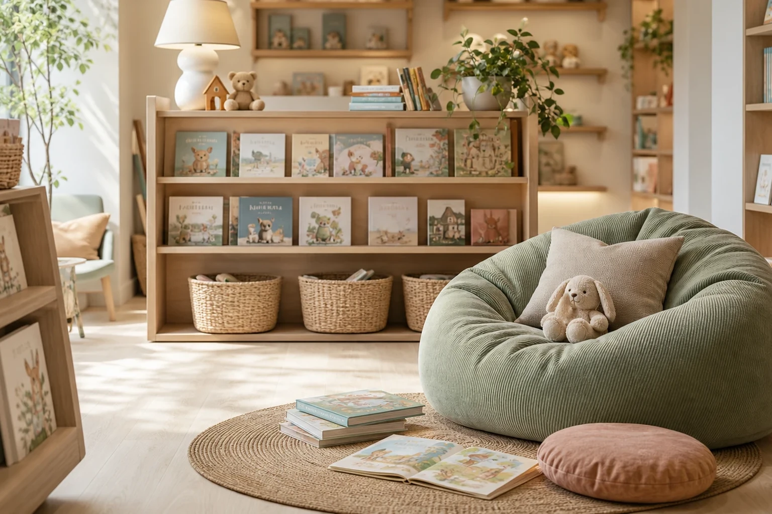 Reading corner with children books beanbag and soft family light