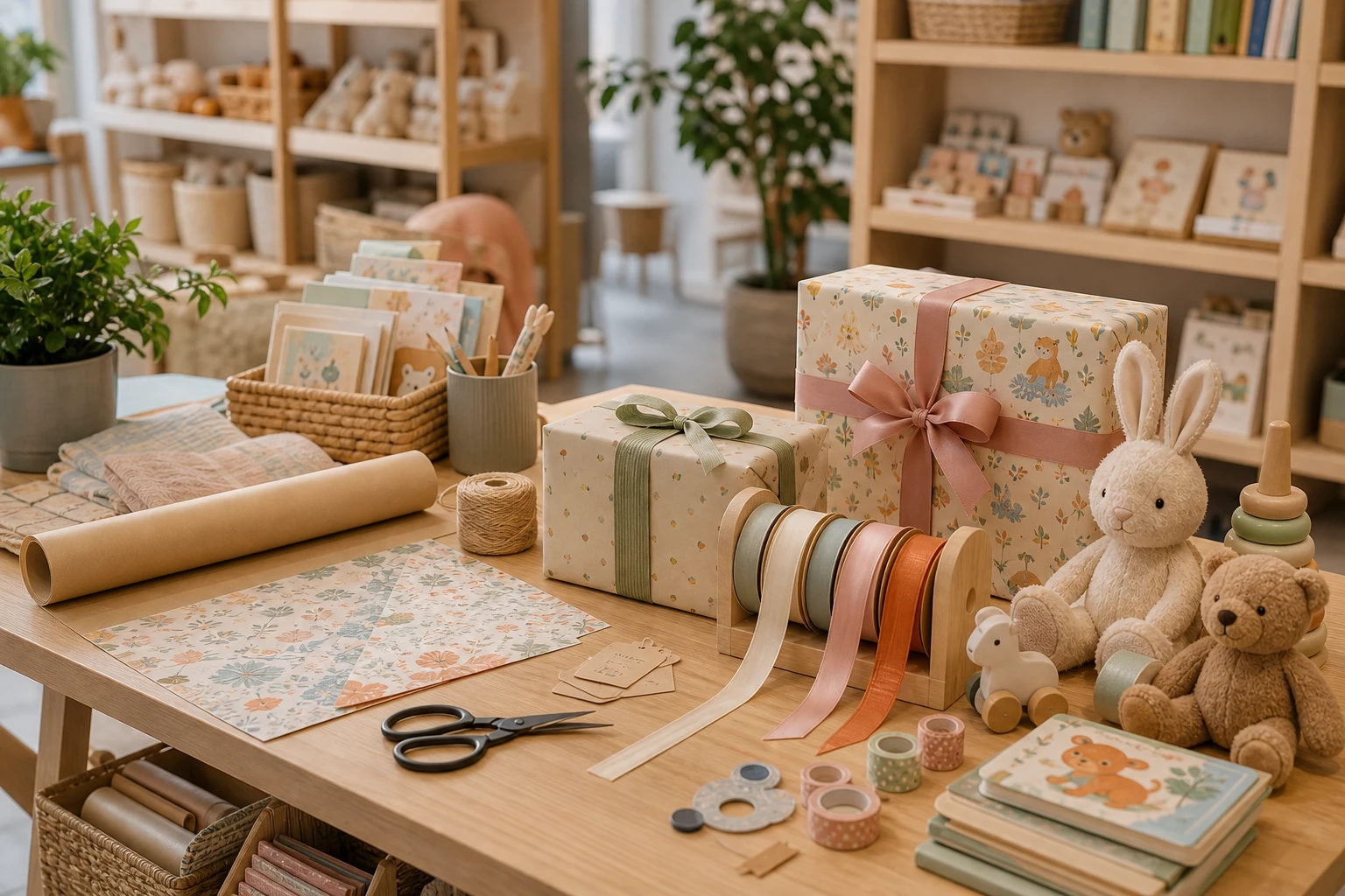 Gift wrapping desk with kids products ribbons and playful packaging