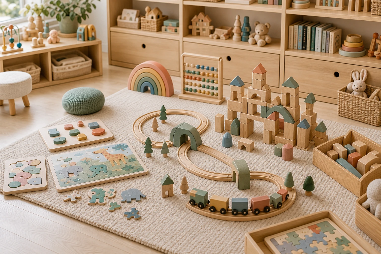 Puzzle and building toys arranged on a tidy play floor