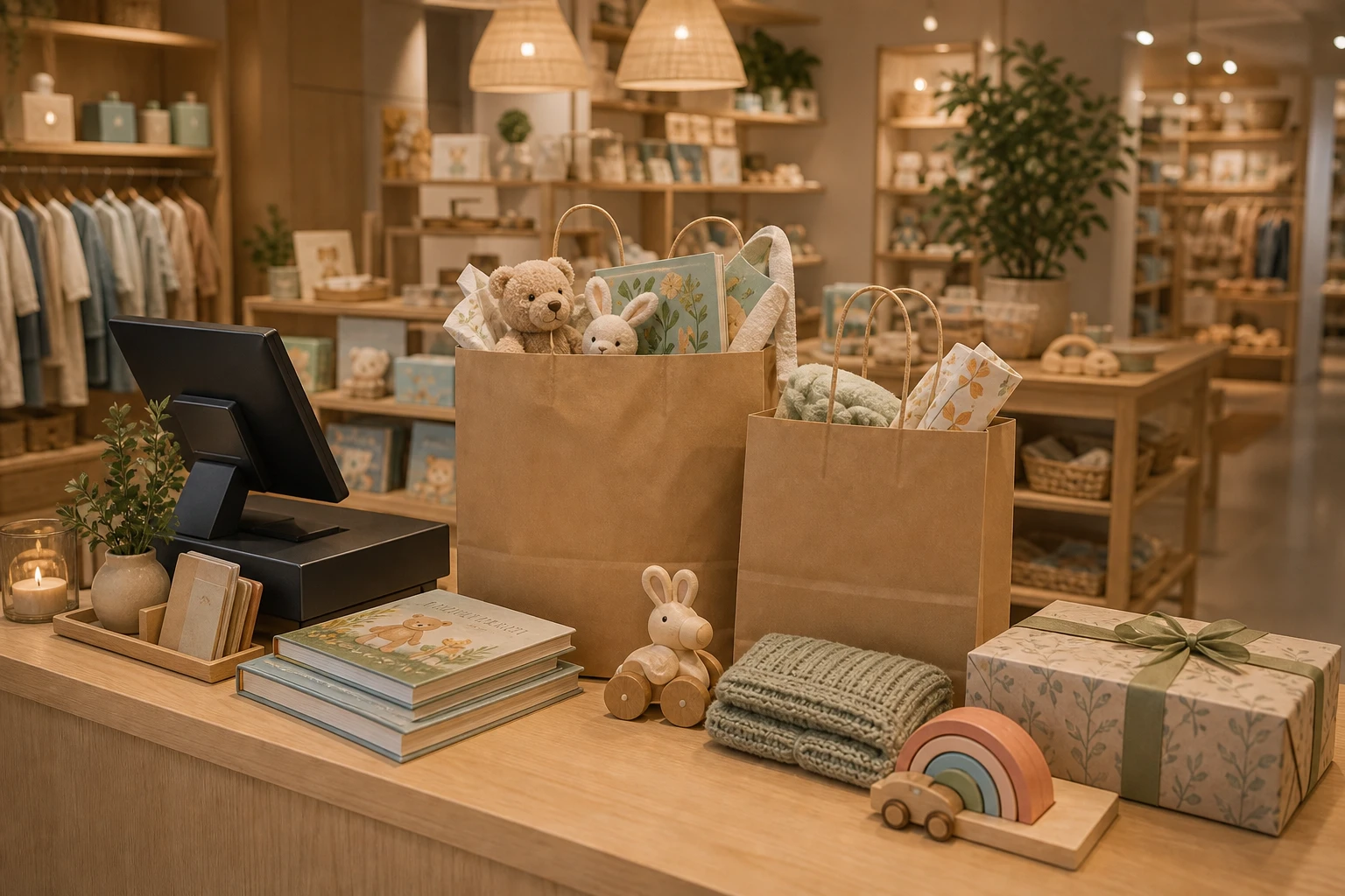 Family-store checkout with paper bags books and kids goods ready to go