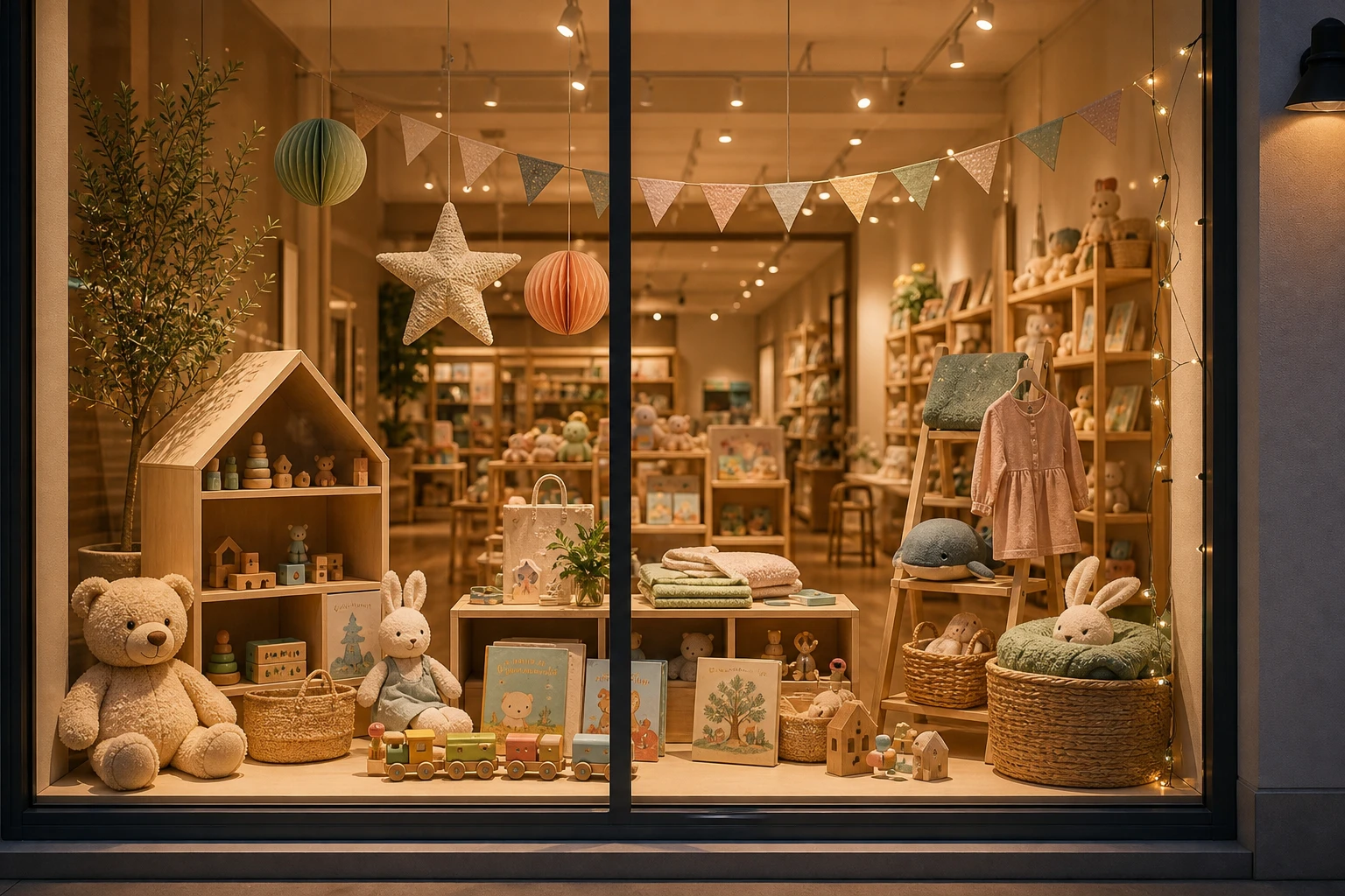 Kids storefront window with playful display and warm evening light