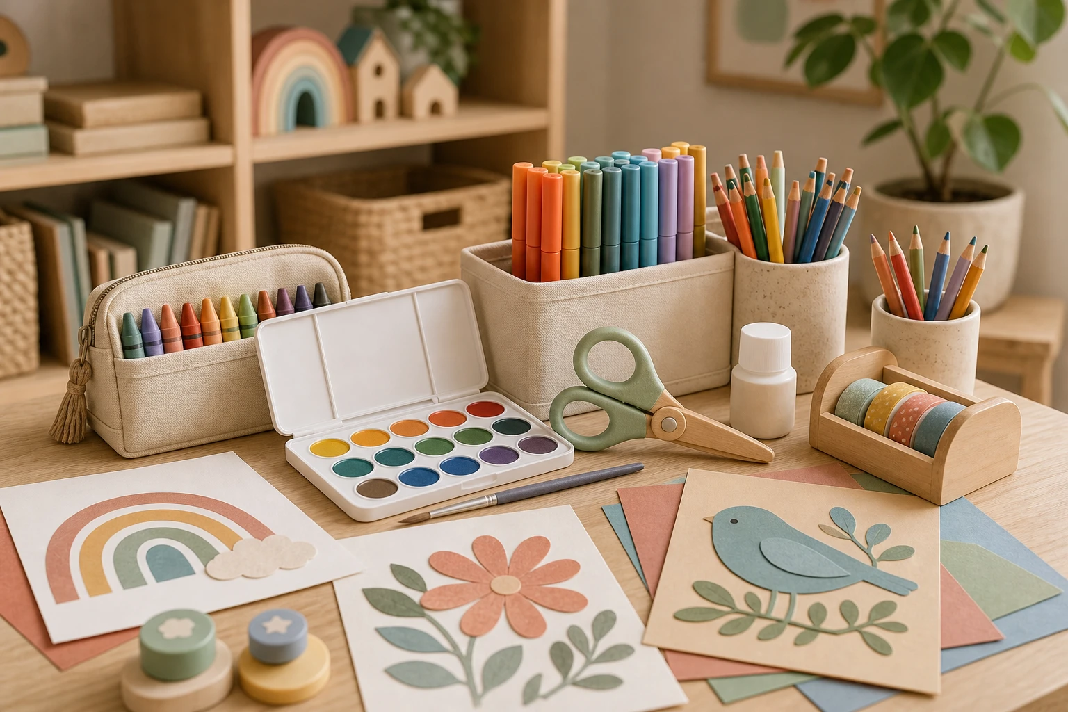 Creative play supplies arranged for a kids category card