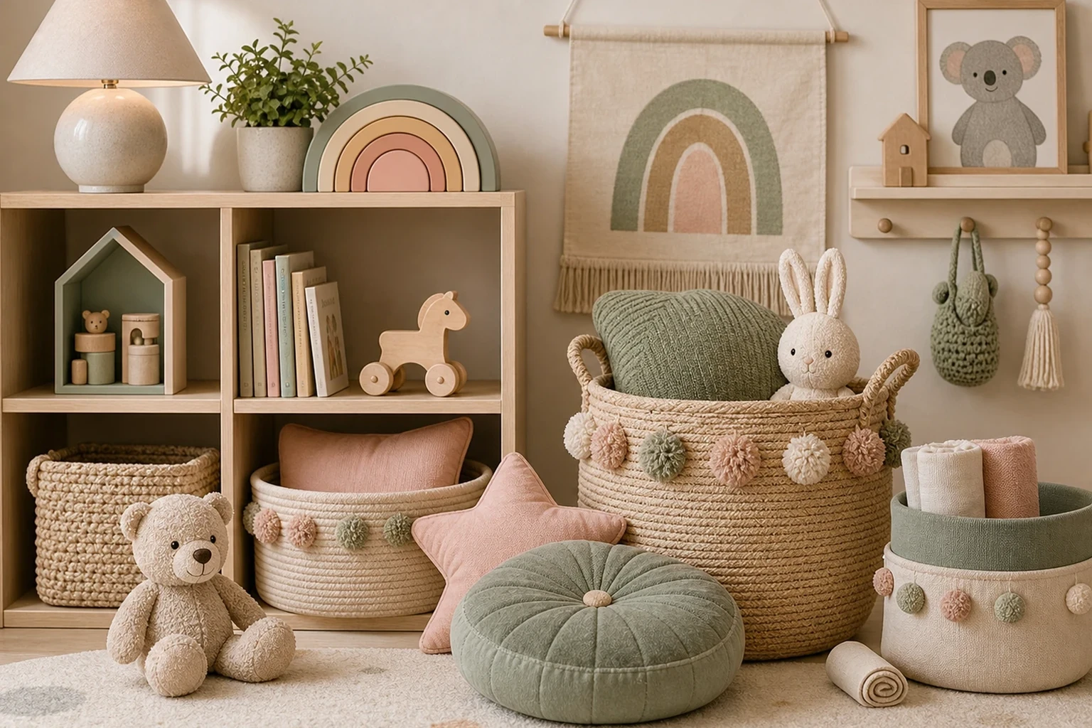 Kids room decor and storage pieces grouped for a playful card